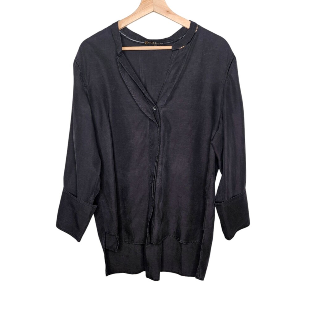 KOBI HALPERIN Black Button Up Blouse Tencel Linen Cuffed 3/4 Sleeve Medium Hi Lo